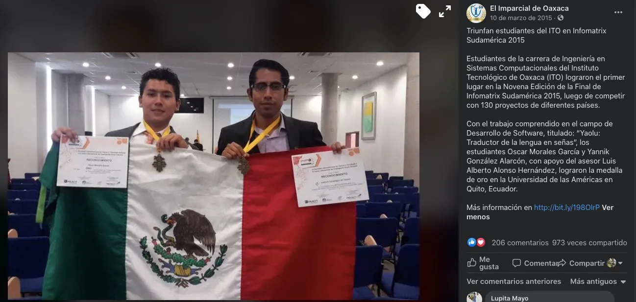 Publicación de El Imparcial de Oaxaca celebrando el primer lugar en Infomatrix Sudamérica 2015