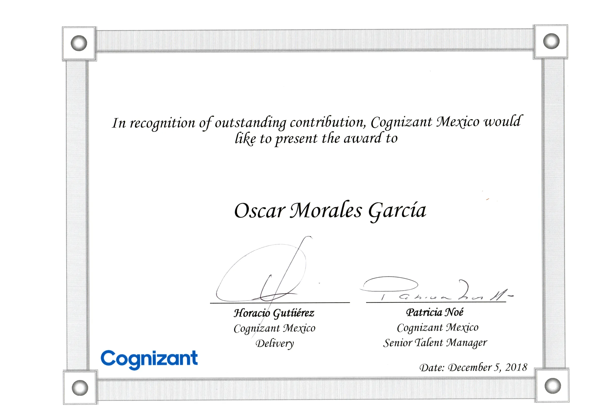 Segundo reconocimiento otorgado en Cognizant por compromiso operativo